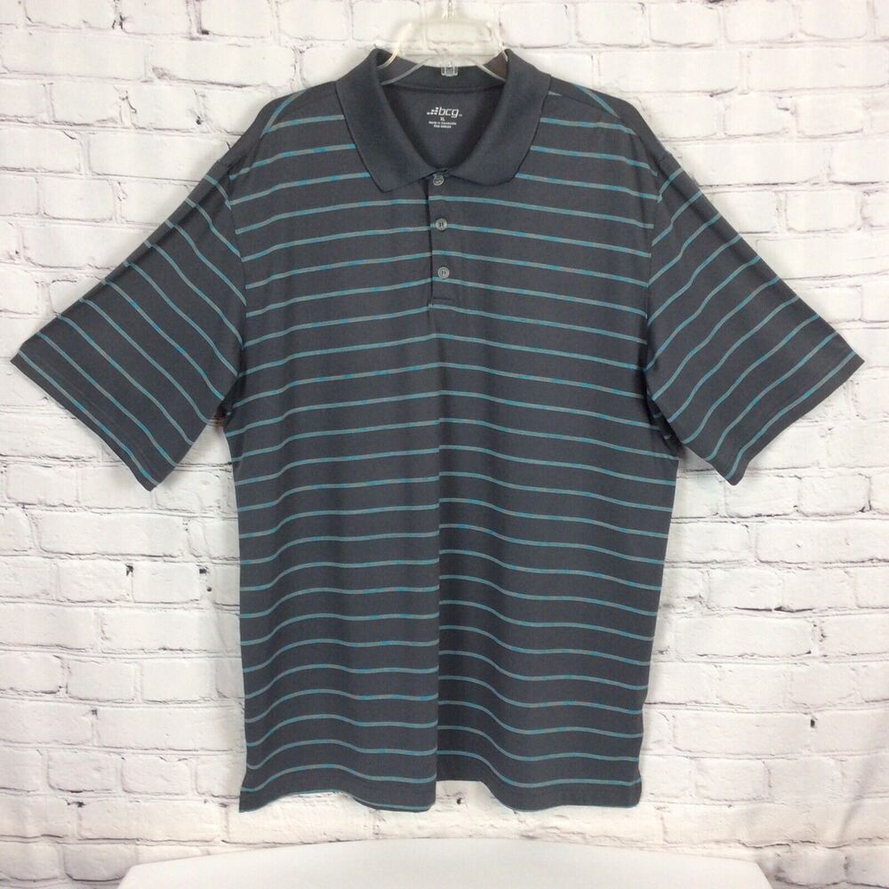 BCG Men’s Polo Golf Shirt Size XL Gray w/Teal Stripes Short Sleeve Activewear